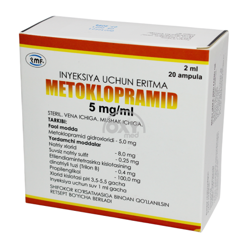 product-Metoklopramid 5 mg/ml 2 ml i uchun 20-sonli eritma.